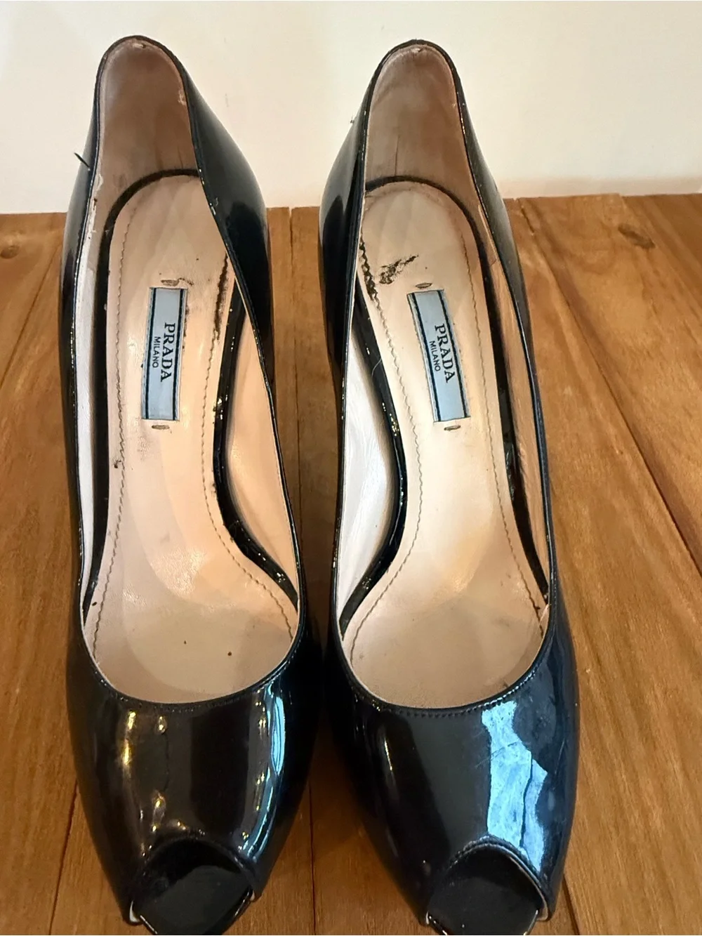 Prada. Vernice Nero Black Patent Peep Toe Platform Heels. Size 8.
